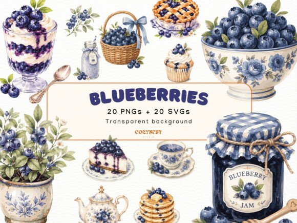 Blueberry Watercolor Cliparts for Embroidery