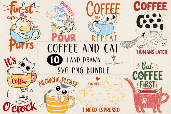 Cat Coffee Hand Drawn SVG PNG Bundle: Graphics & Illustrations