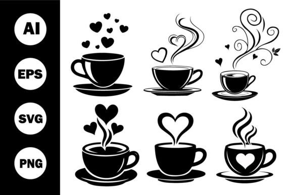 Coffee Cup with Heart Steam Vector Set: Graphics & Illustrations