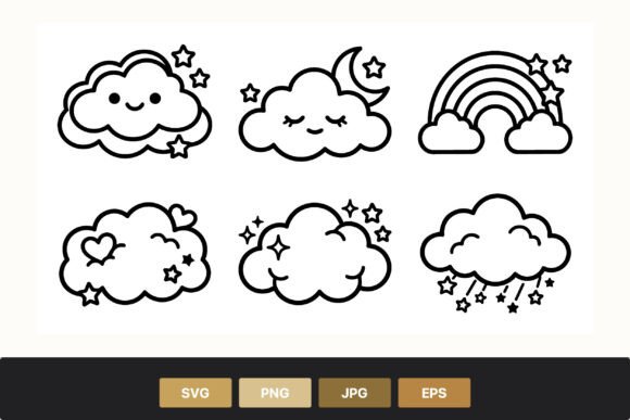 Cute Clouds Stars Moon Rainbow Line Art: Graphics for Creative Illustrations