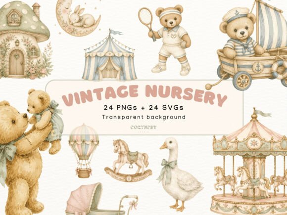 Vintage Nursery Watercolor Cliparts: Graphics & Illustrations