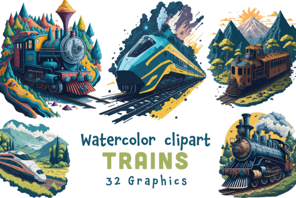 Watercolor Trains and Locomotive Graphics for Creative Projects