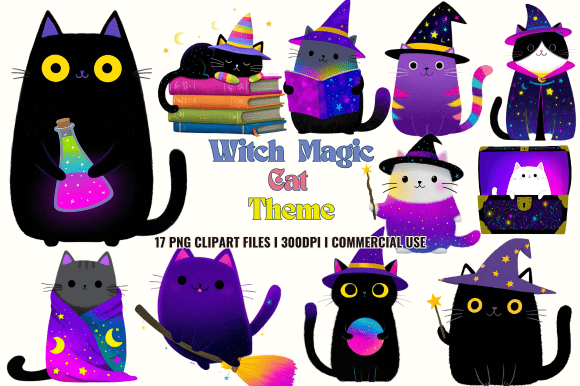 Witch Magic Cat Theme Clipart: Perfect Graphics for Crafters
